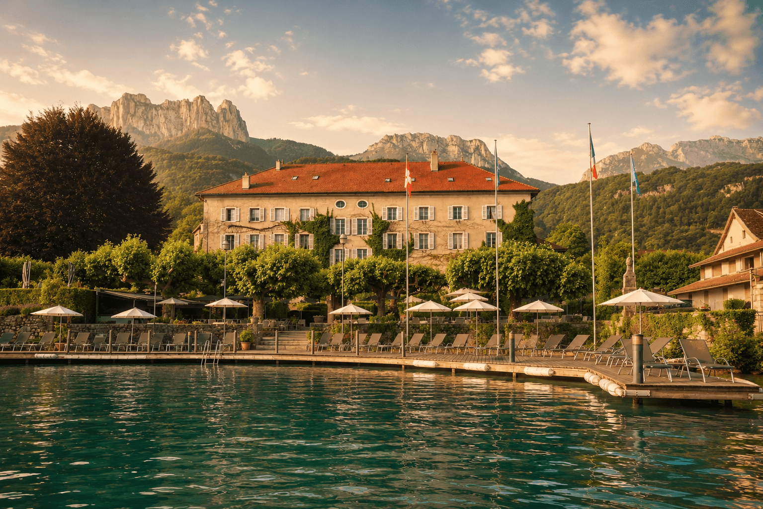 Illustration fine line de l'Abbaye de Talloires, du lac d'Annecy et des montagnes